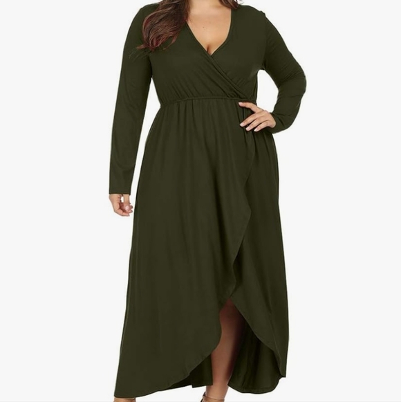 Allegrace Dresses & Skirts - Plus-Size Olive Green Long Sleeve Wrap Maxi Dress